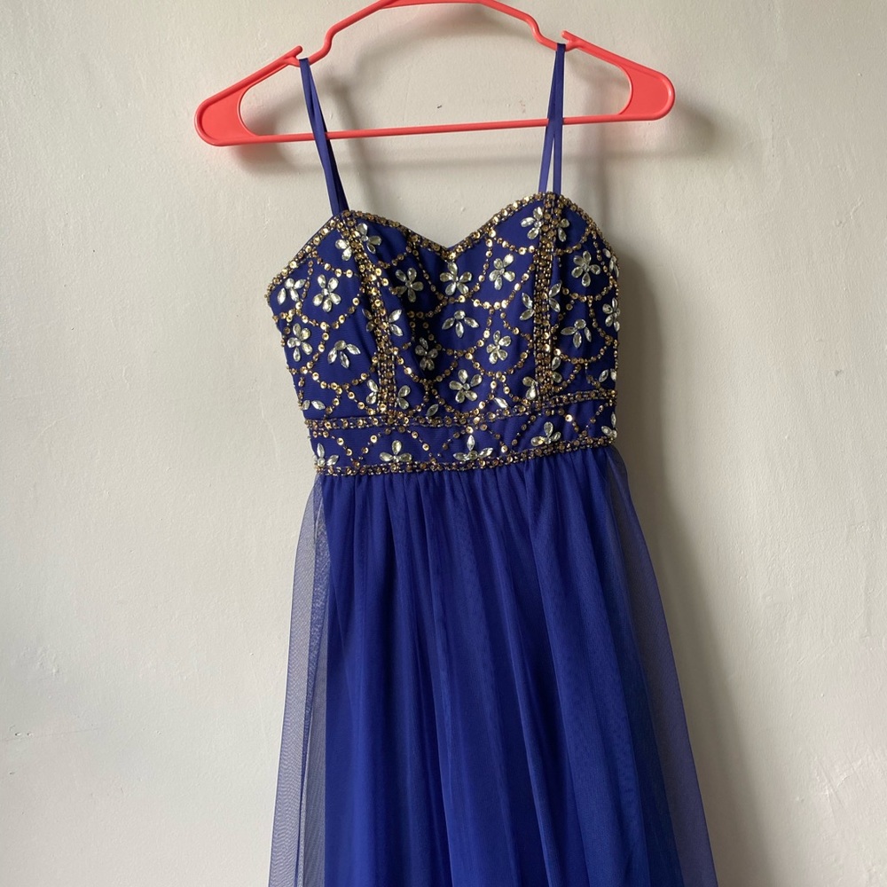 Full length royal blue sparkle formal dress